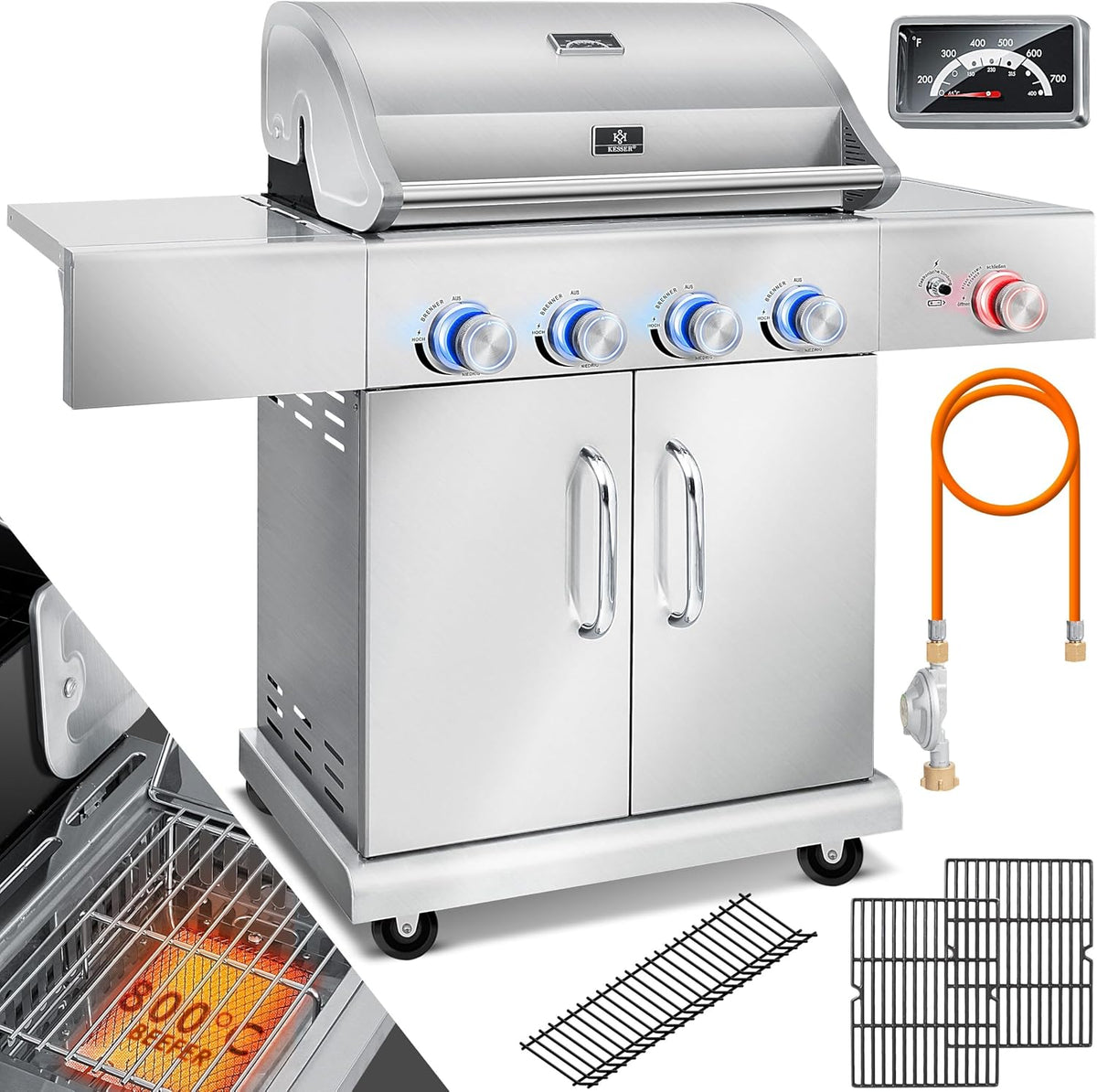 KESSER Gasgrill, 66 cm, Silber, ® mit 4 Brenner + 1x Infrarot Keramik Seitenbrenner &, bis 800°C BBQ Grillwagen aus Edelstahl inkl. Grillrost