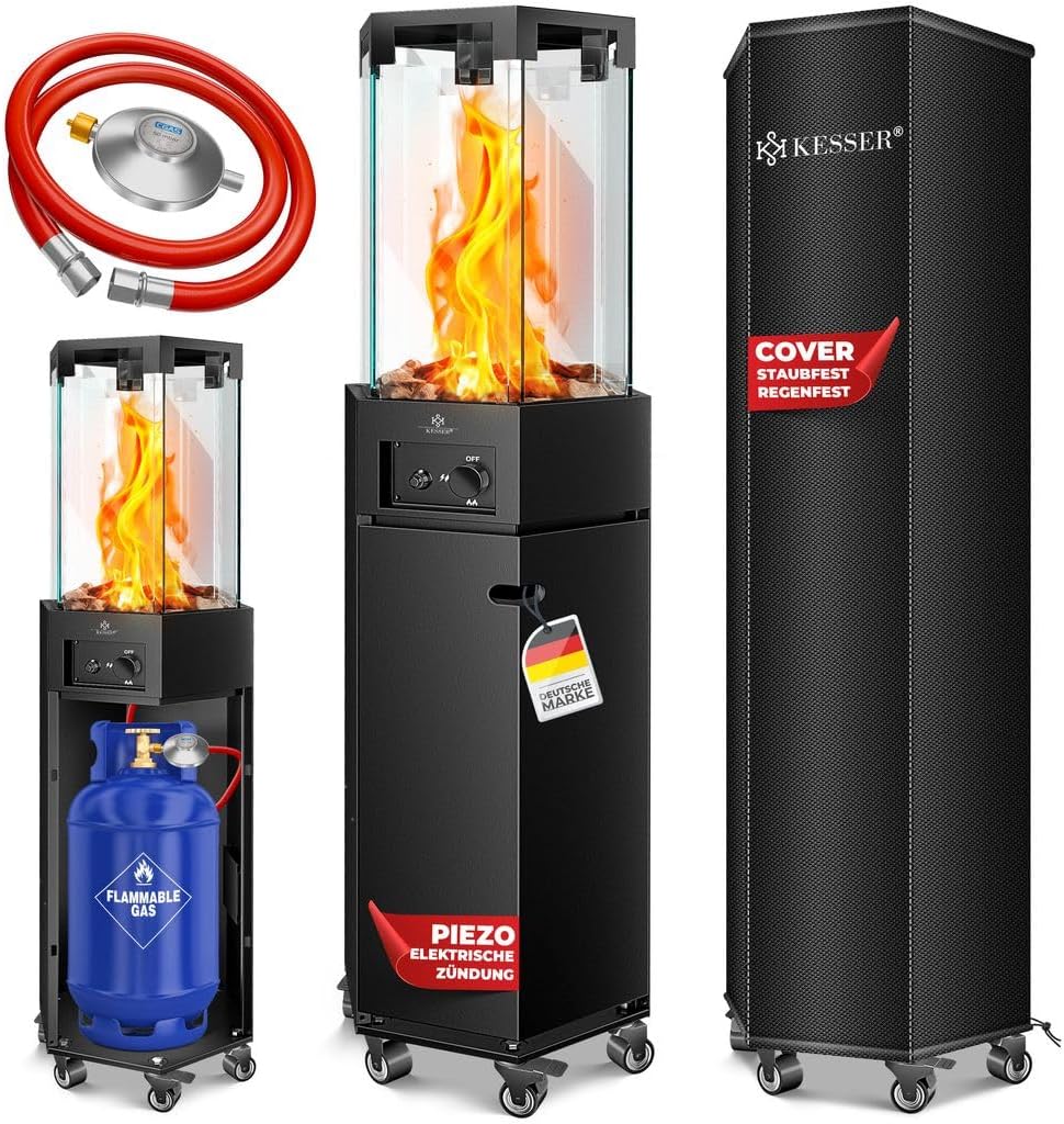 KESSER Heizstrahler, 8 kW, Schwarz, ® Gas 4/ Gas Piezozündung Heizung + Gasdruckregler + Cover, 360° Rollen Kippschutz