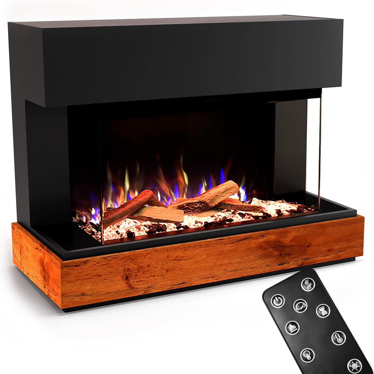 GLOW FIRE Elektrokamin, 1500 W, Schwarz/Braun, Kaminofen Curie mit realistischem 3D E-Motion LED-Feuer -, Kaminfeuer & Timer