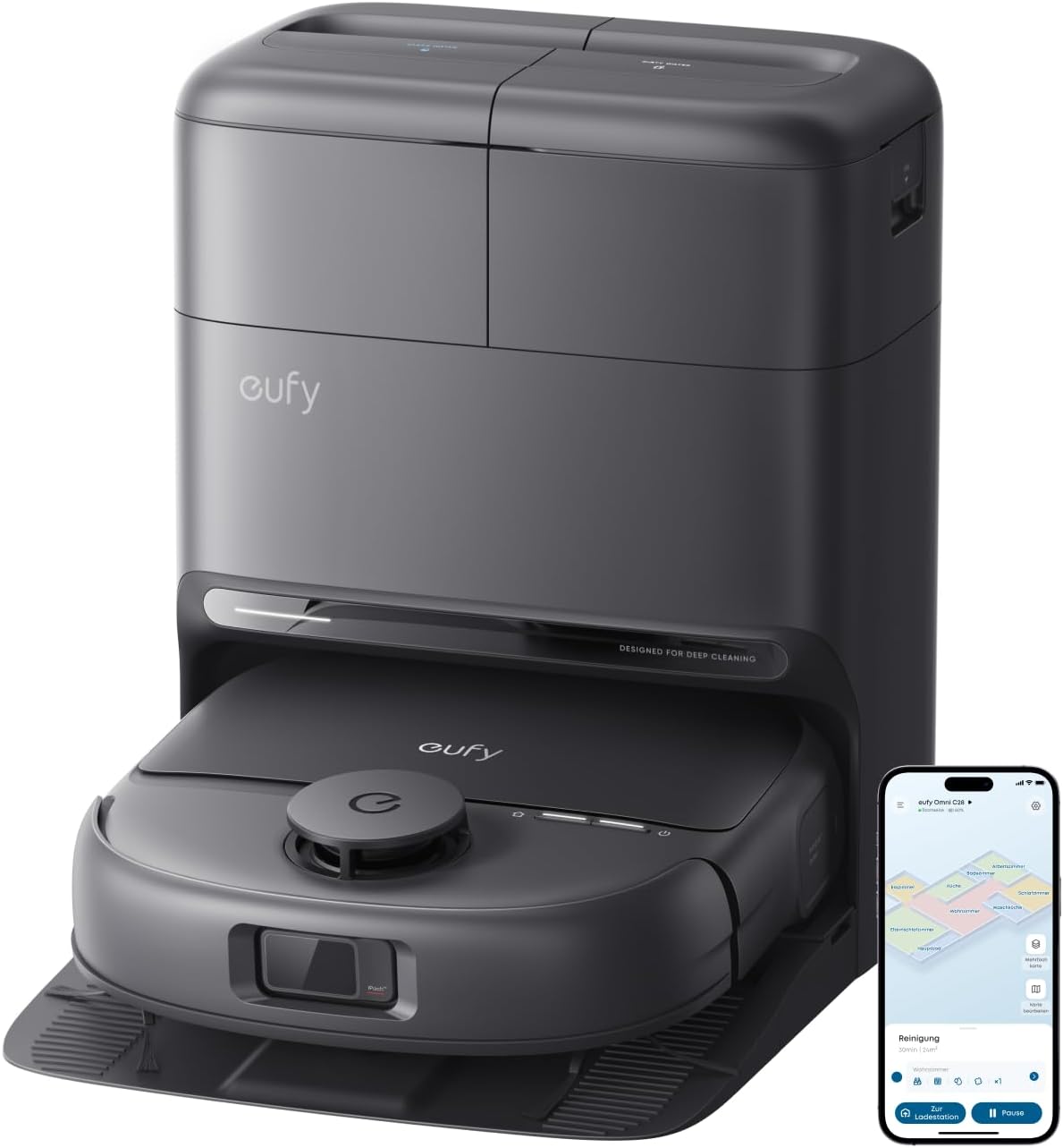 eufy Saugroboter, Anthrazit, mit Wischfunktion C28, HydroJet delbstreinigende Wischrolle, 15.000Pa Turbo-Saugkraft