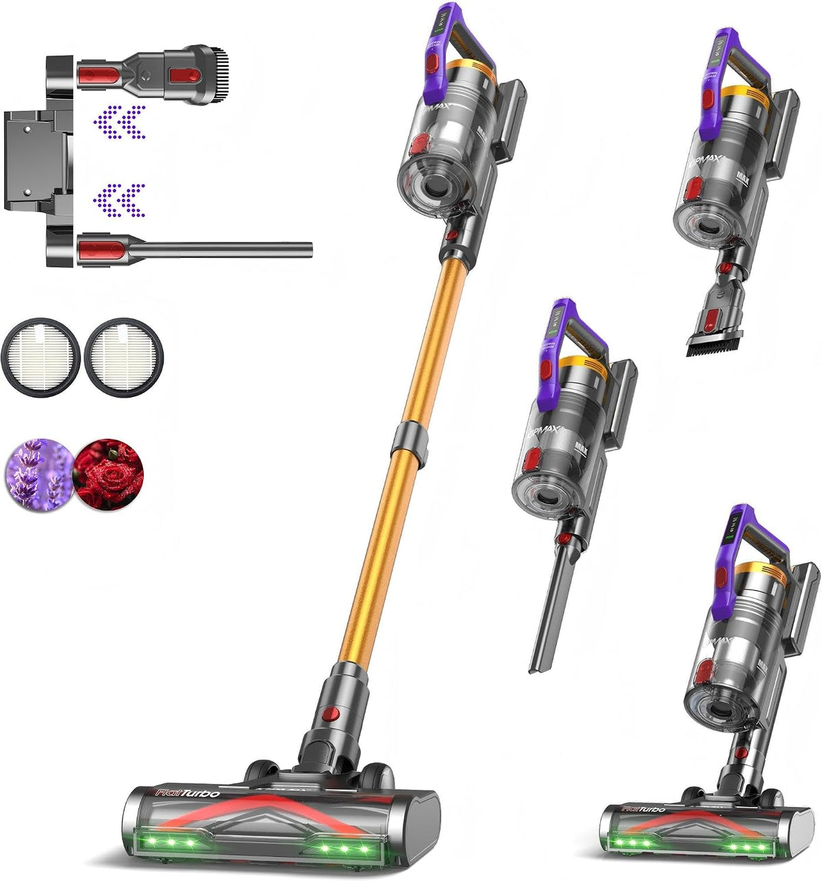 KIPMAX Staubsauger, 550 W, 1.5 L, Grau/Orange/Lila/Rot/Schwarz, Akku 50000Pa/ /70Min, Kabellos mit Display, Anti-Tangle-Bürste