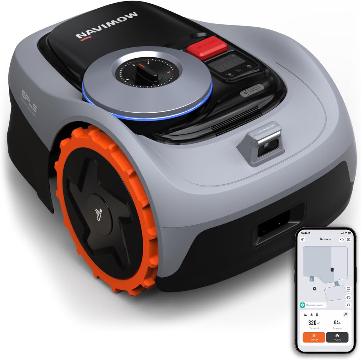 Amazon Renewed Mähroboter, 500 m, 600 m, Schwarz/Grau/Orange, Navimow i105E ohne Begrenzungskabel, Empf. ², Max. ²