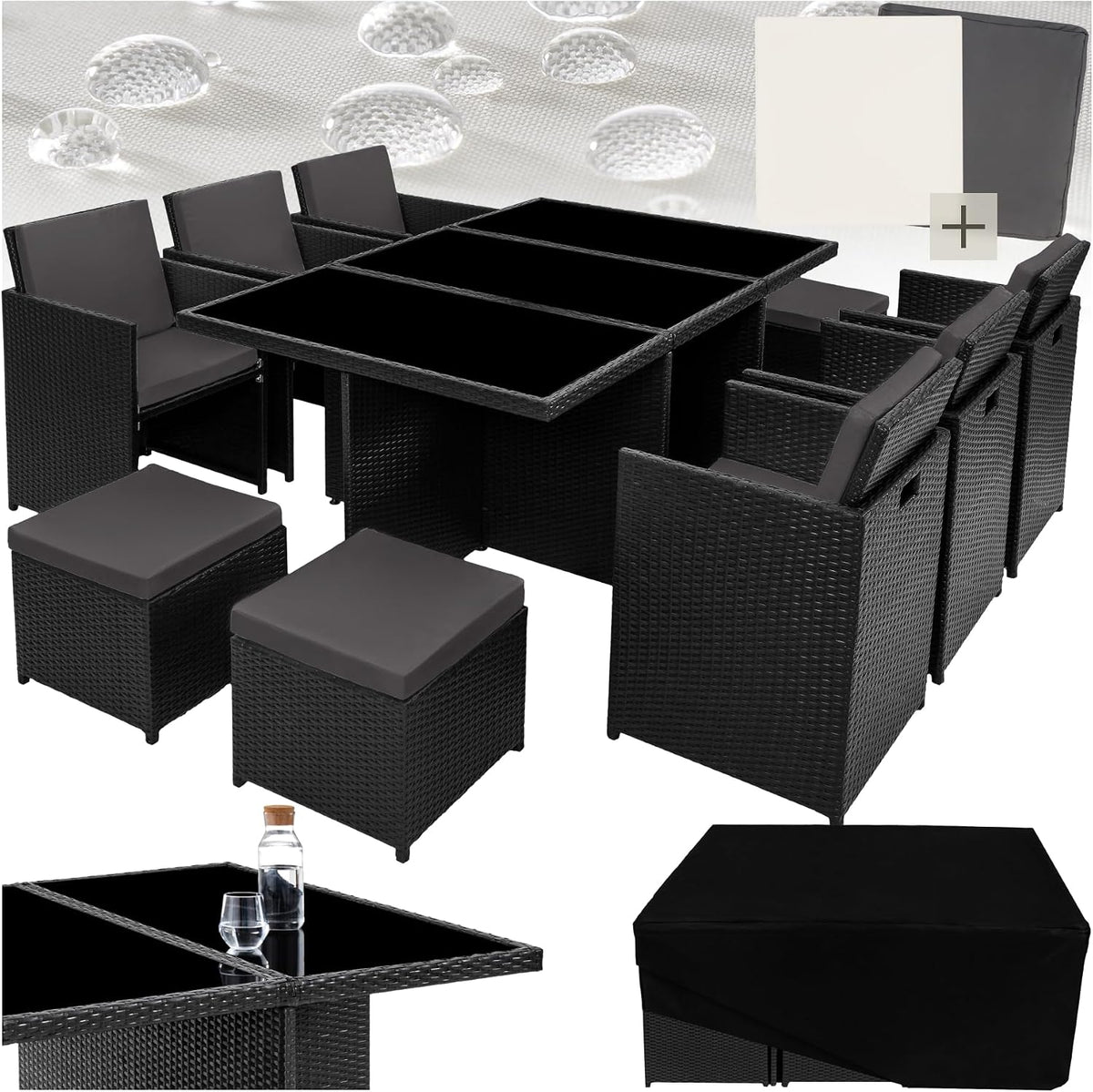 tectake Gartenmöbel-Set, Schwarz/Grau, ® Polyrattan Gartenmöbel Set, Sitzgruppe mit 6 Stühle + 1 Glasplatte Tisch + 4 Hocker
