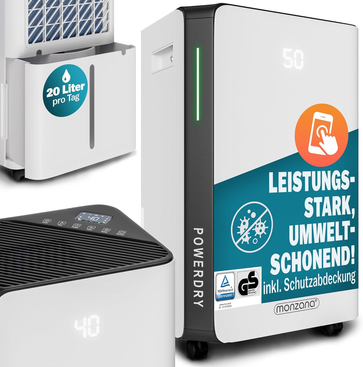 Monzana Dunstabzugshaube, 30m, 20 L, Weiß/Schwarz, ® Luftentfeuchter elektrisch 20- ² /Tag LED-Display