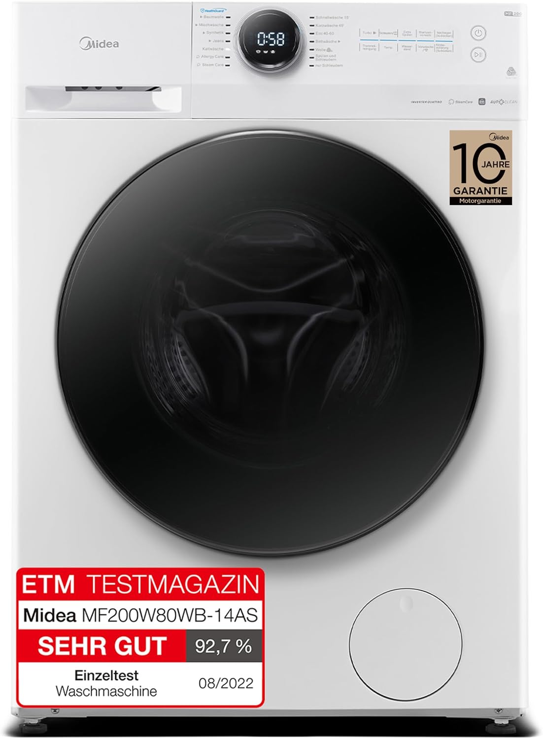 Midea Waschmaschine, 48 cm, 8KG, Weiß/Schwarz, MF200W80WB-14AS / / nur tief/Energieeffizienzklasse A/Steam, AquaStop