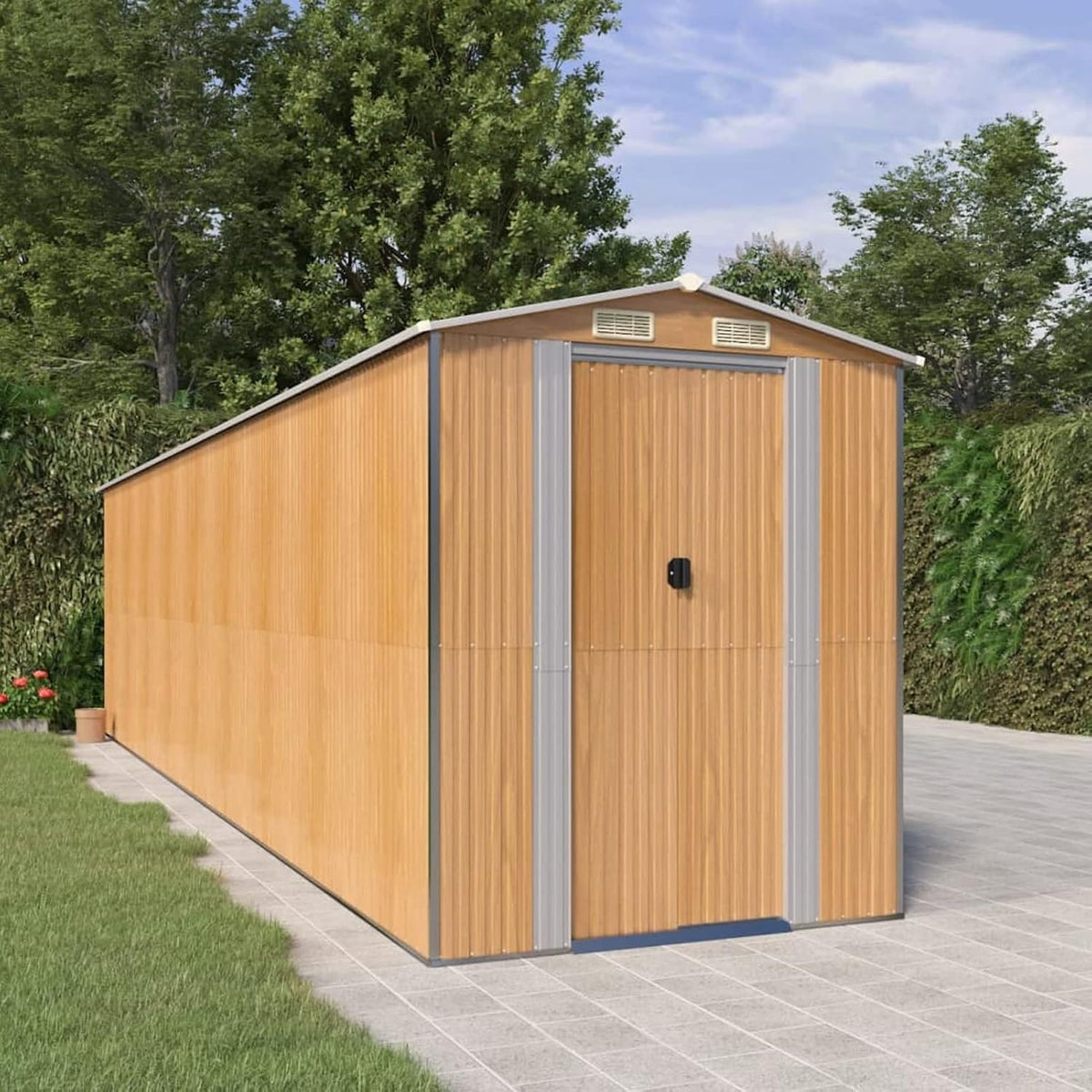Gerätehaus ShGaxin, 192x772x223 cm, verzinkter Stahl., Hellbraun/Grau, Geräteschuppen, Fahrradgarage, Gartenhütte