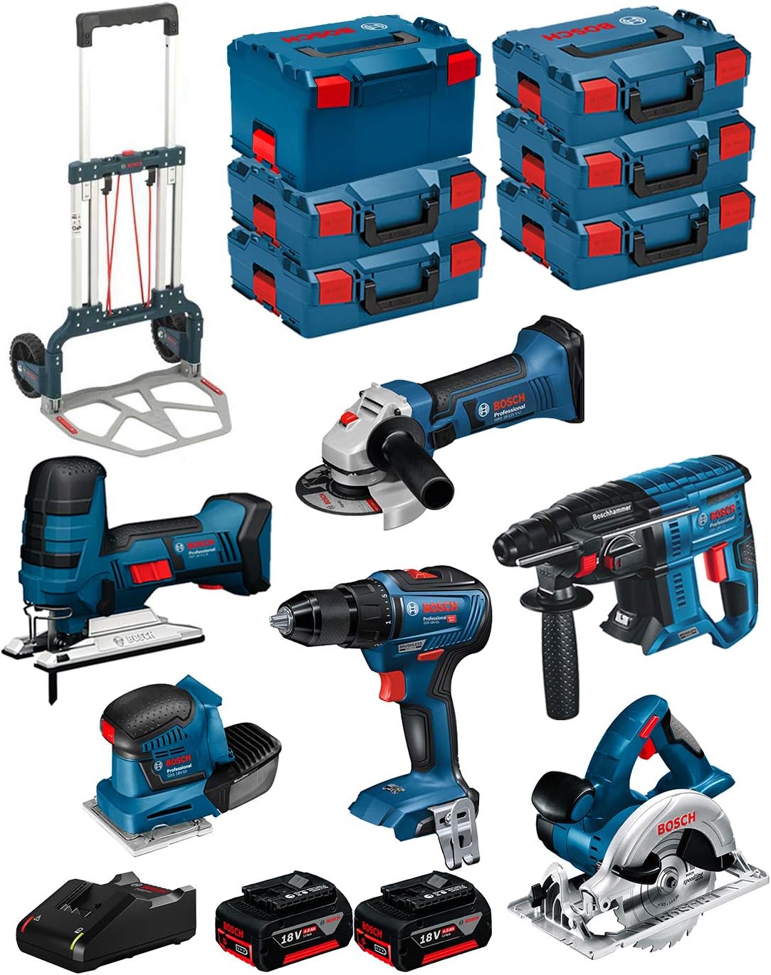 JG todotaladros Werkzeugsets, 4,0 Ah, 125 V, 18 V, 18 V, Blau/Schwarz/Rot, BOSCH Kit BK601 (GST -LI S + GKS -LI + GSS -10 + GSR -55 +