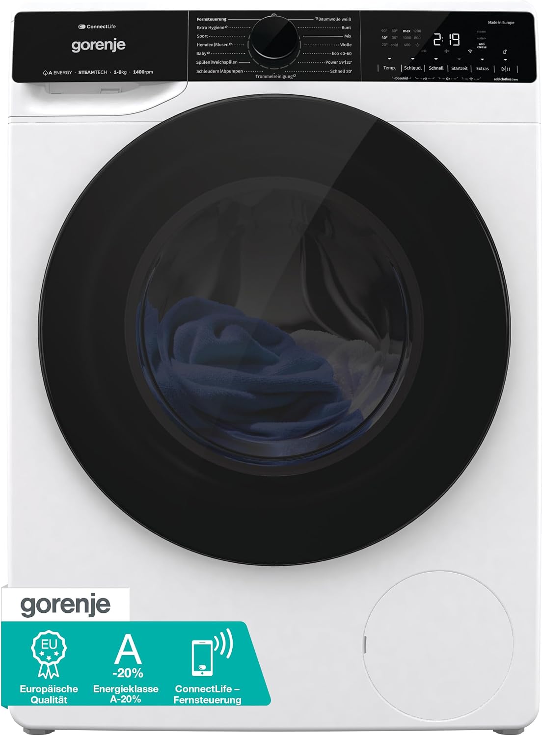 Gorenje Waschmaschine, 8Kg, Weiß/Schwarz, WPNA84A2TS mit Dampffunktion/ConnectLife / / 1400 U/min /