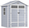 YITAHOME Gerätehaus, 182x134x210 cm, Grau/Weiß, Kunststoff Gartenhaus Kunstharz Aufbewahrungsschuppen, Werkzeuge mit zaunartigen Seitenfenstern