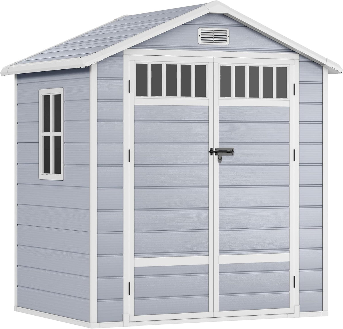 YITAHOME Gerätehaus, 182x134x210 cm, Grau/Weiß, Kunststoff Gartenhaus Kunstharz Aufbewahrungsschuppen, Werkzeuge mit zaunartigen Seitenfenstern