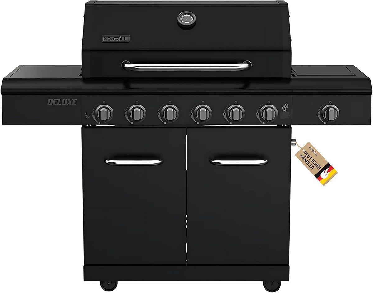 Nexgrill Kochfeld, Schwarz, Deluxe 6+1 Brenner Gasgrill matt, Grill Gas mit Seiten, porzellanbeschichteten Gusseisenrosten