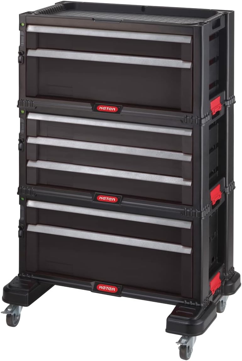 Keter Werkzeugschränke, 60 x 37,8 x 83,2 cm, Schwarz/Grau/Rot, Trolley Modul mit 7 Schubladen, Werkstattwagen für kleine und große Werkzeuge
