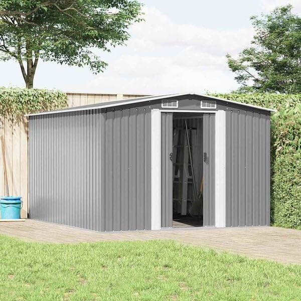 Gerätehaus Woonisher, 257x298x178 Cm, Verzinkter Stahl, Grau/Weiß, Gartenhaus Metall Grau, Gartenhütte Container Haus Zum Wohnen Als Geräteschuppen