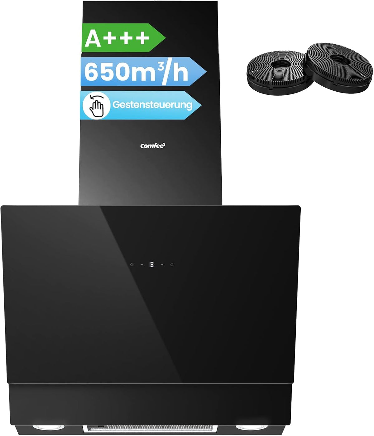 Comfee Dunstabzugshaube, 60 cm, 650m, 60 cm, Schwarz, ' CH60J72ET6A3B A+++, ³/h Luftstrom, Kopffreihaube Umluft und Abluft