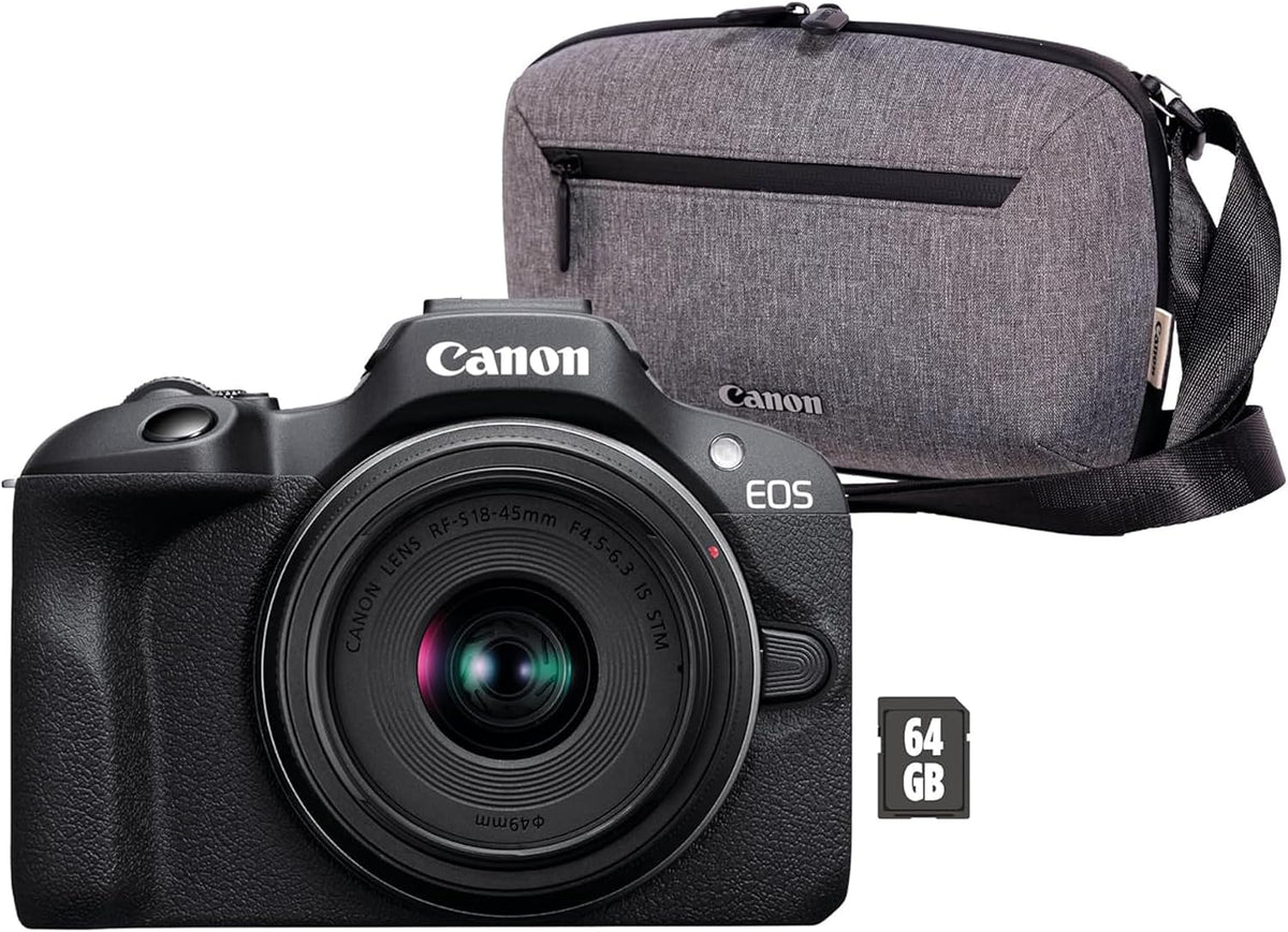 Canon Kamera, 45 mm, Schwarz/Grau, EOS R100 + RF-S 18- F4.5-6.3 is STM Objektiv + tasche +, 4k Video, 1 Megapixel