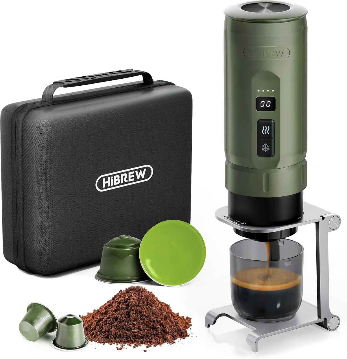 HIBREW Schreibtisch, Grün/Schwarz, H4C Explorer - Tragbarer elektrischer Espressokocher, USB-C wiederaufladbar für Kaffeepads & gemahlenen Kaffee