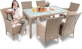 di volio Gartenmöbel-Set, Beige, Polyrattan Sitzgruppe Verona - Lounge für Garten oder, Tisch mit Glasplatte + 6 Stühle - Lounge-Set in Rattan-Optik