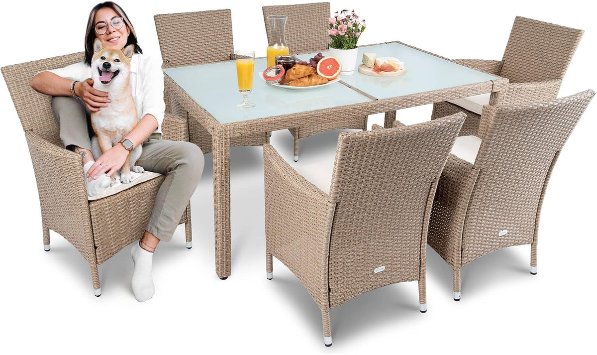 di volio Gartenmöbel-Set, Beige, Polyrattan Sitzgruppe Verona - Lounge für Garten oder, Tisch mit Glasplatte + 6 Stühle - Lounge-Set in Rattan-Optik