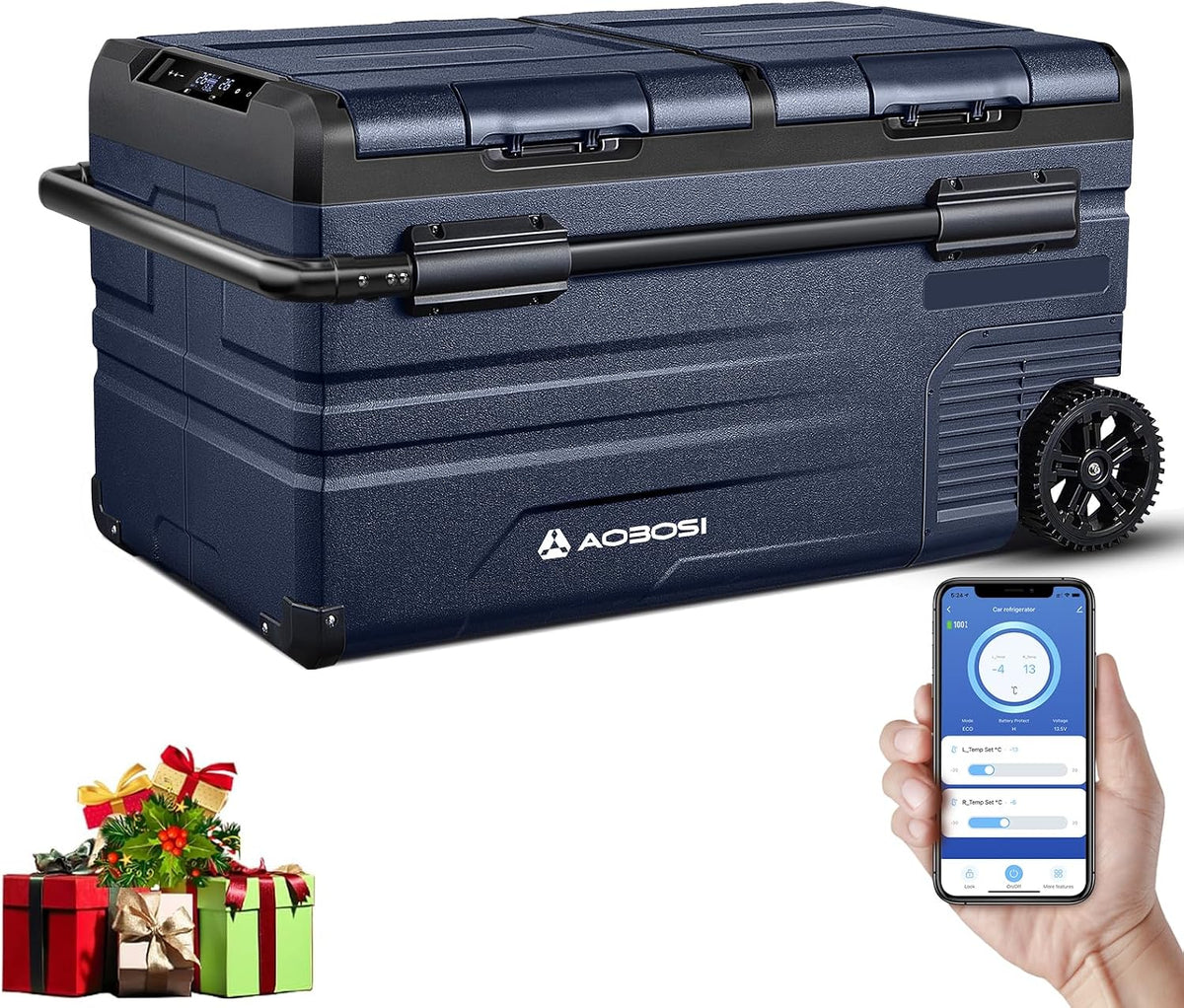 AAOBOSI Kompressor, 240 V, 24 V, 75 L, Blau/Schwarz, Kühlbox Dual Zone, Kühlbox Auto Mit WIFI-APP-Steuerung USB-Anschluss