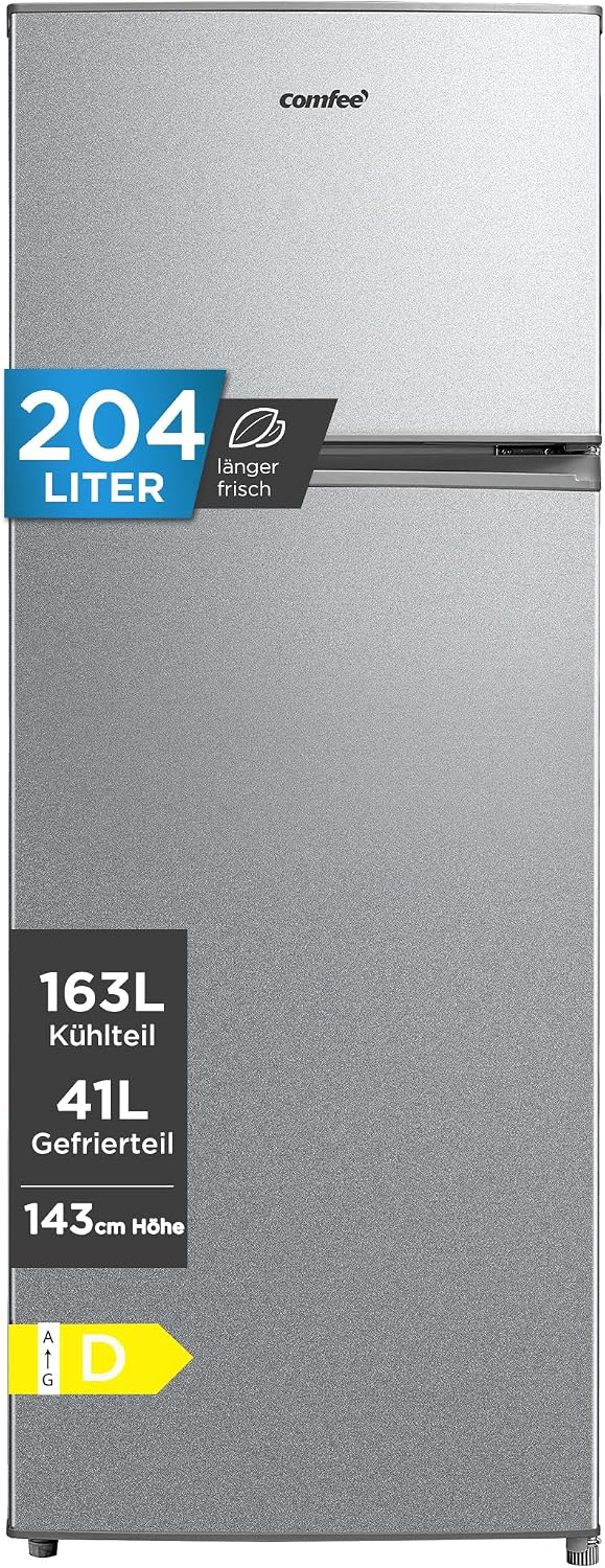 Comfee Kühl-Gefrierkombination, 143 cm, 39 dB, 204 L, Silber, ' Kühlschrank mit Gefrierfach, Höhe, 137 kWh/Jahr