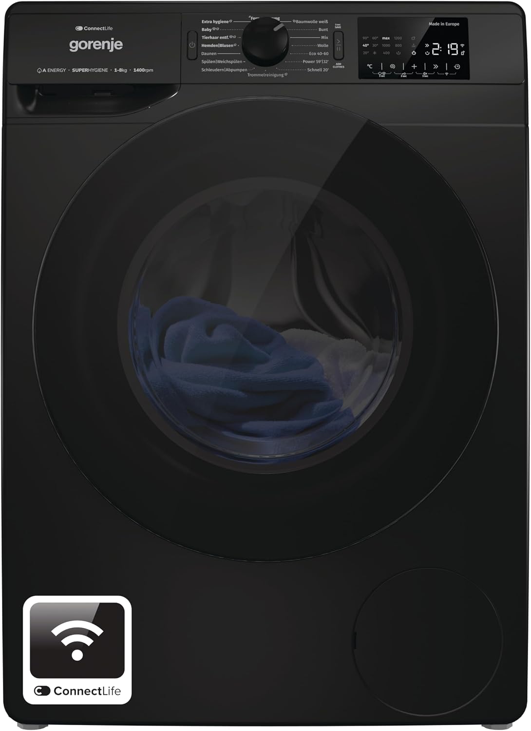 Gorenje Waschmaschine, 8Kg, Schwarz, WPNEI84A1DTSB mit Dampffunktion/ConnectLife / / 1400 U/m