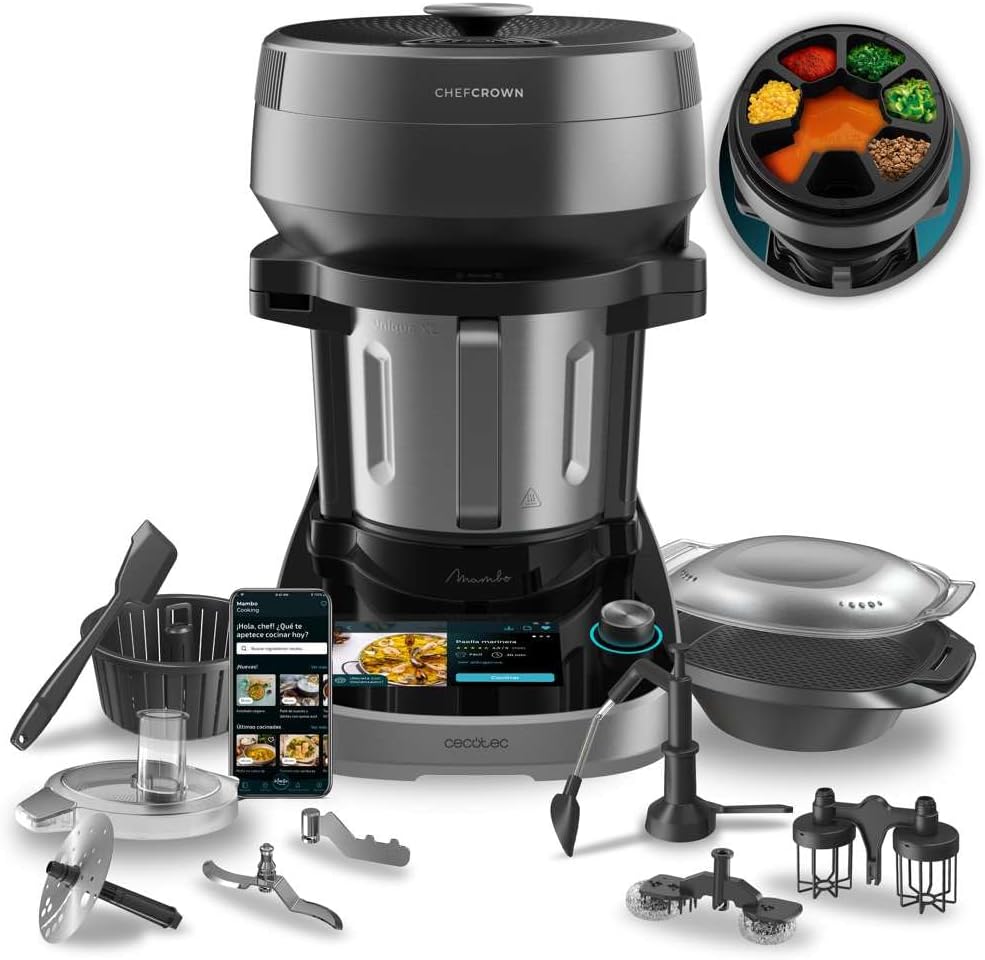 Cecotec Universalküchenmaschinen, 2200 W, 5 L, Schwarz/Silber, Küchenroboter mit Lebensmittelspender Mambo CooKing Unique