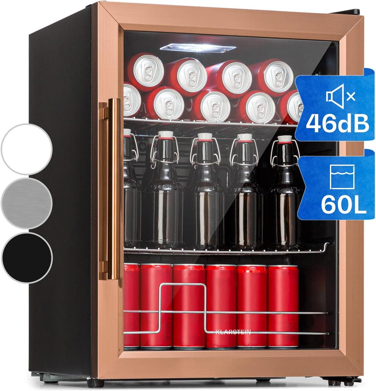 Klarstein Mini-Kühlschrank, 60 L, Schwarz/Kupfer, Mini Kühlschrank mit Glastür & LED, für Zimmer, Getränkekühlschrank mit 2 Ablagen
