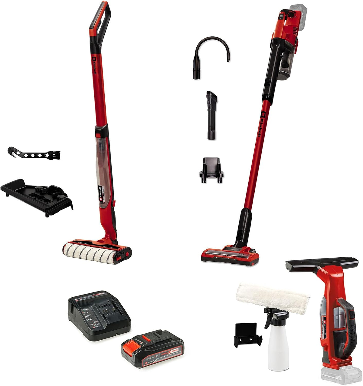 Einhell Staubsauger, 2,5 Ah, 18 V, Rot/Schwarz, Akku-Haushalt-Set Power X-Change (, inkl. Akku-Fensterreiniger