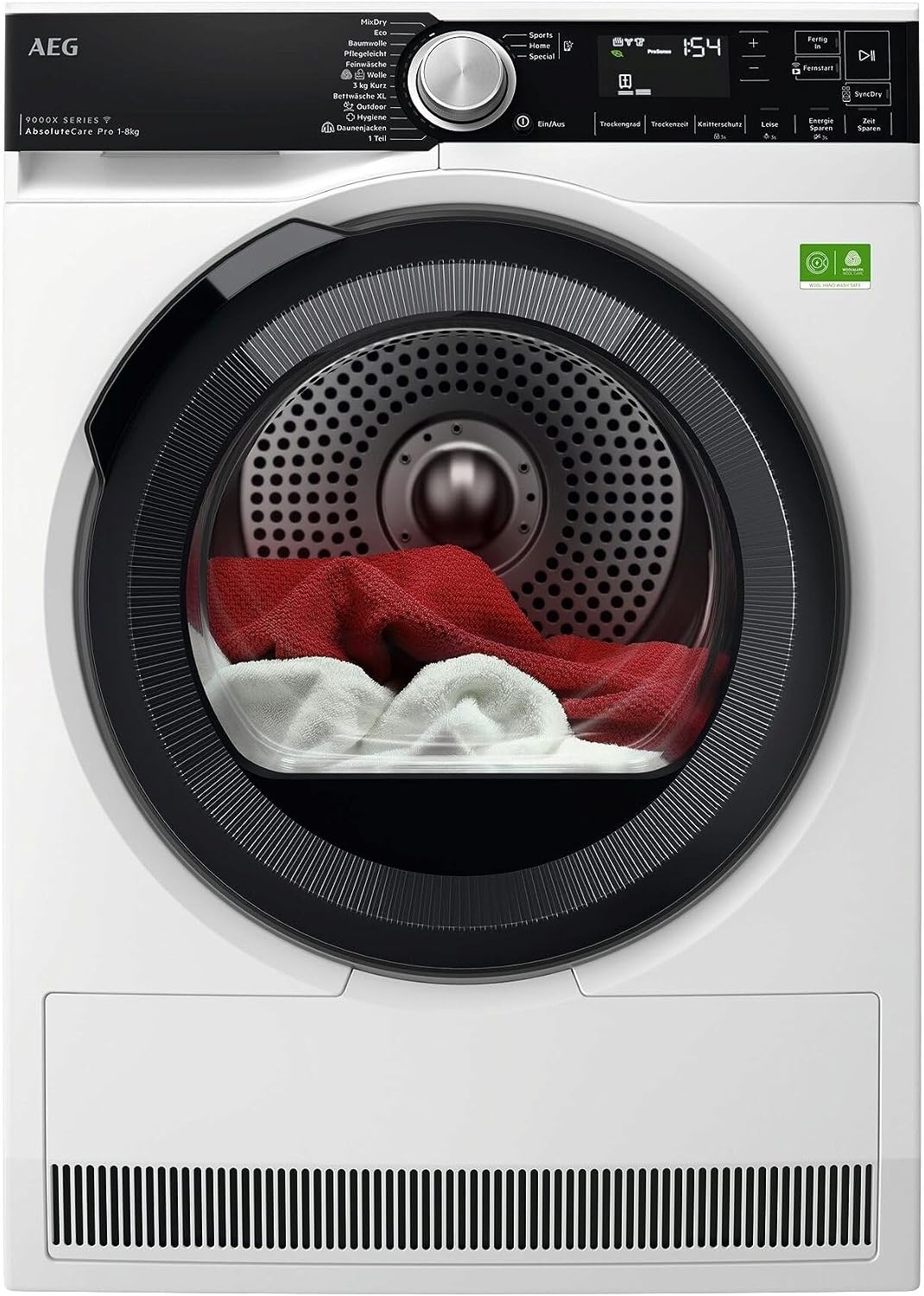 AEG Wärmepumpentrockner, 8 kg, Weiß/Schwarz, WiFi mit SmartDry, Serie 9000: AbsoluteCarePlus Daunentrocknung, Energiekl. A