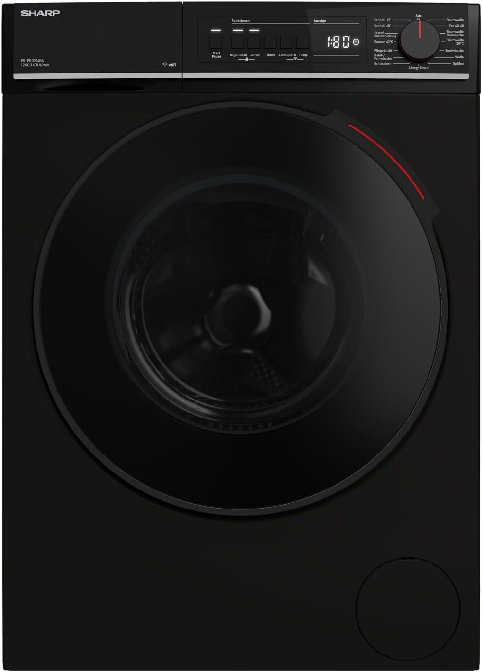 SHARP Waschmaschine, 12 kg, Schwarz, ES-PRO214BA-DE Frontlader, 1400U/min, Smarte Bedienung durch Veezy App, Dampffunktion