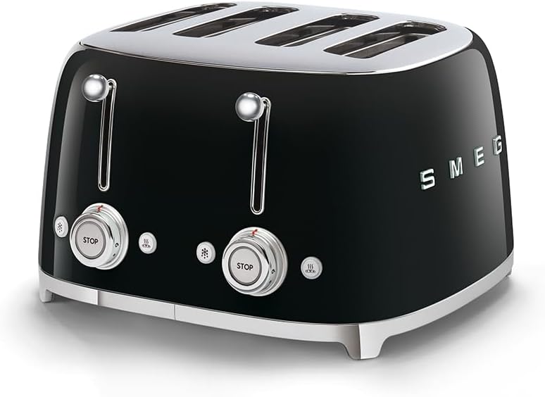 Smeg Toaster, 2000 W, Schwarz, Toast 4x4 TSF03BLEU, 4 Fächer für 4 Scheiben, 6 Stufen vergoldet, Heizfunktion, Abtau- und Bagel- Funktion