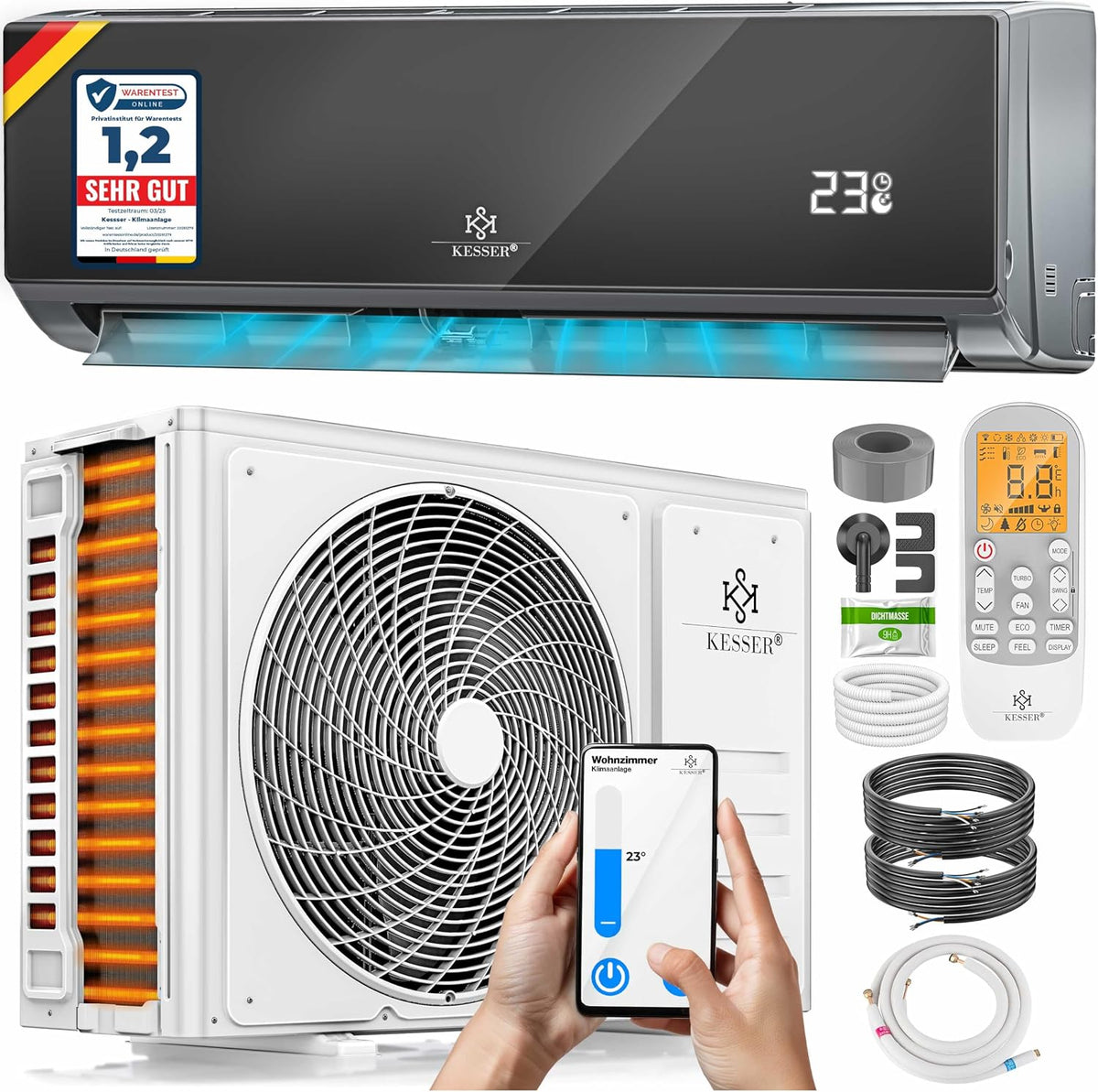 KESSER Klimaanlage, Schwarz/Weiß, ® SET Split - mit WiFi/App Funktion Klimagerät - Kühlen, Kältemittel R32 - Fernbedienung
