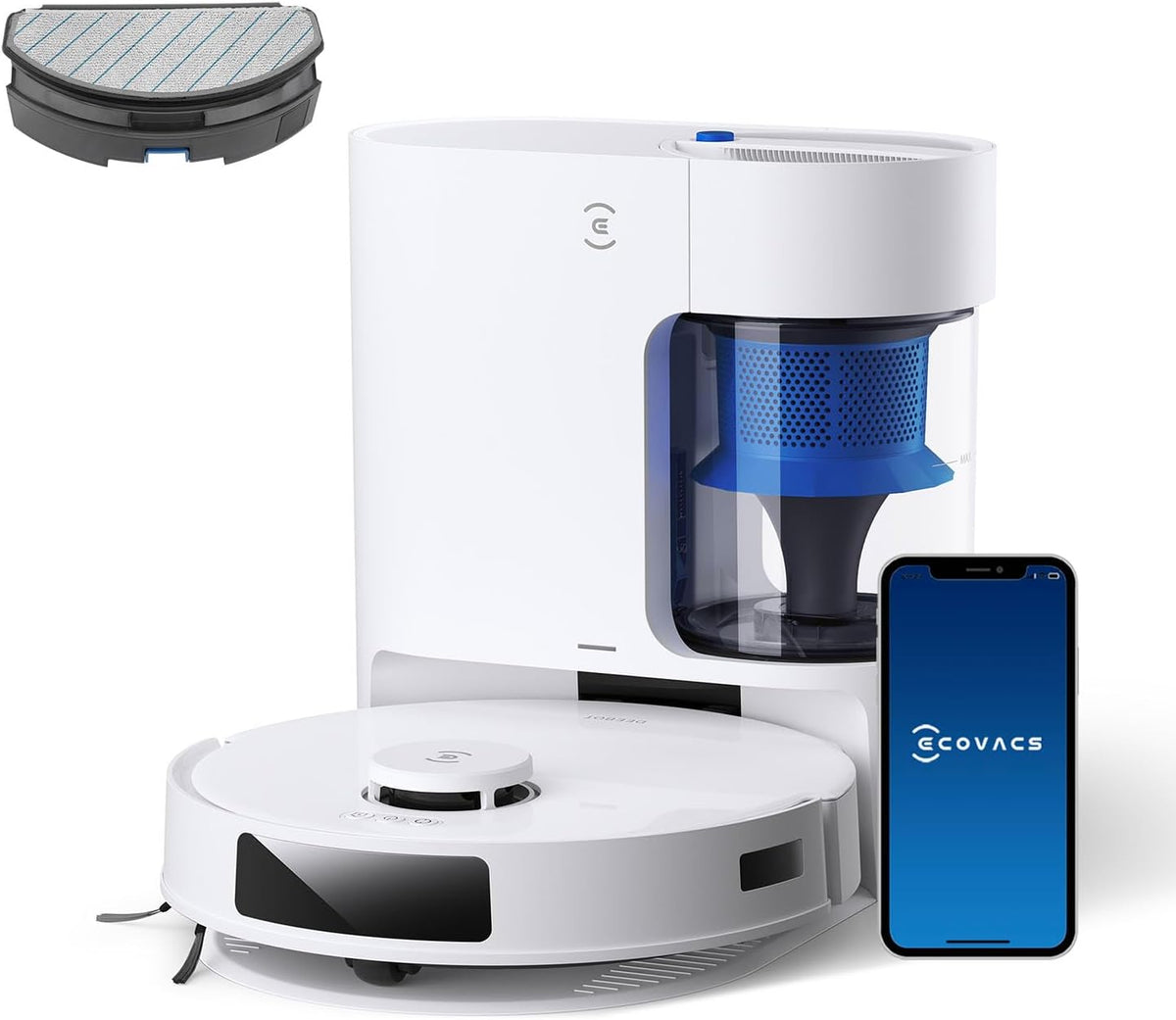 ECOVACS Saugroboter, Weiß/Blau, DEEBOT N20 PRO Plus mit Wischfunktion, Automatischer Entleerung Station, 8000Pa Saugkraft