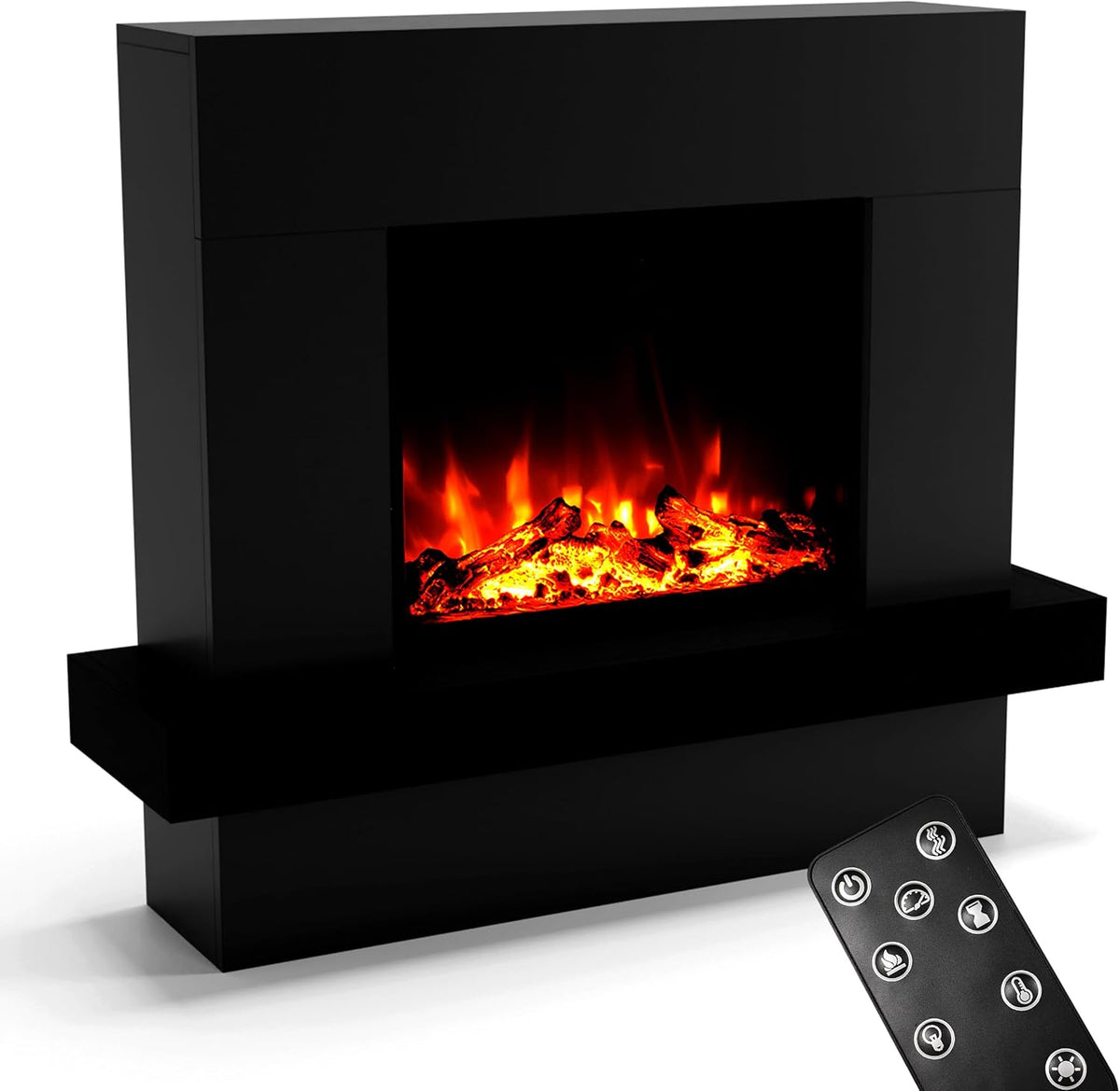 GLOW FIRE Elektrokamin, 114x97x32 cm, Schwarz, mit Heizung und Kaminfeuer (Standkamin Pandora) -, Heizlüfter, Holz-Deko & Fernbedienung