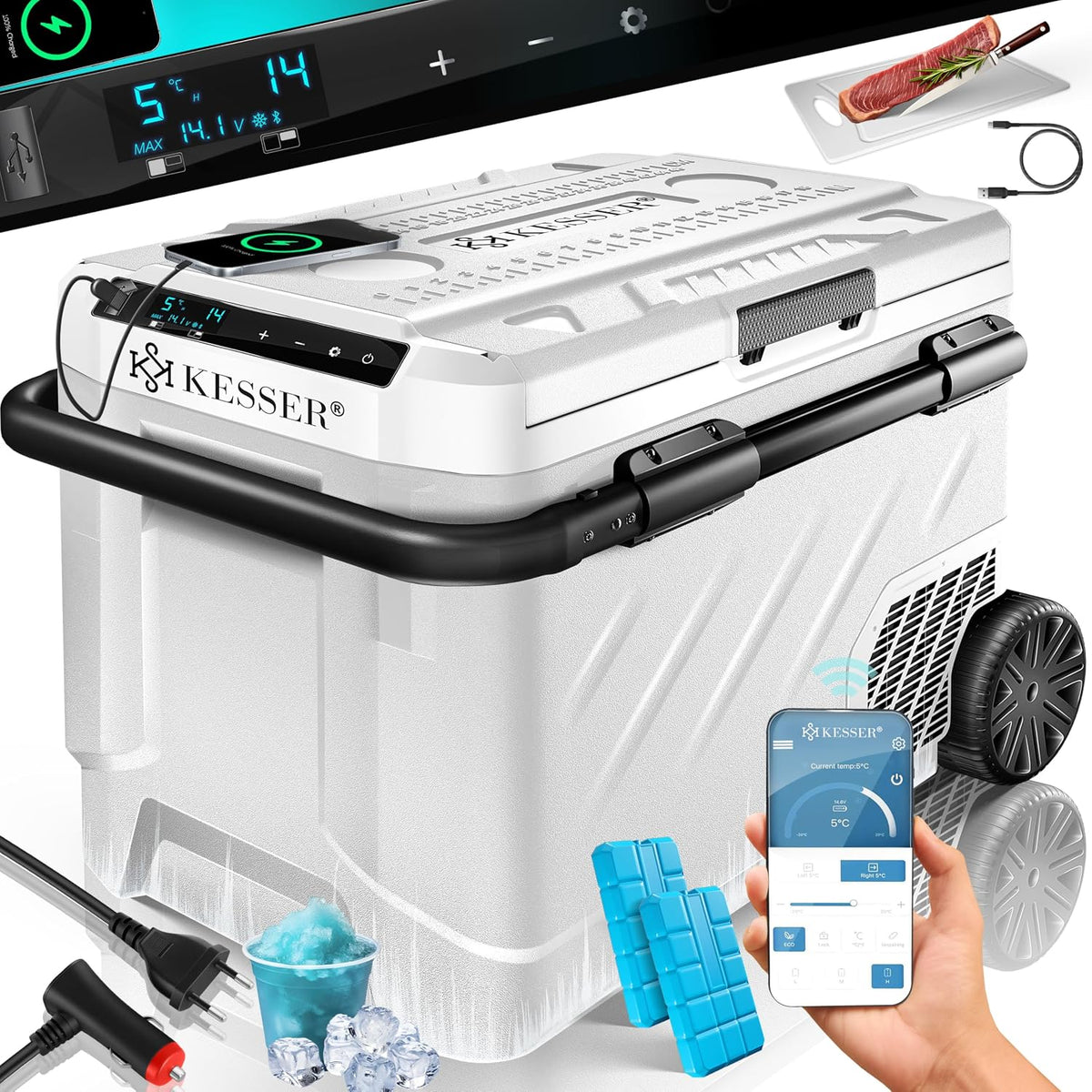 KESSER Kühlschrank, 51 Liter, 24 V, 230 V, Weiß/Schwarz, ® Kompressor Kühlbox elektrisch, Camping Gefrierbox mit LED-Touch