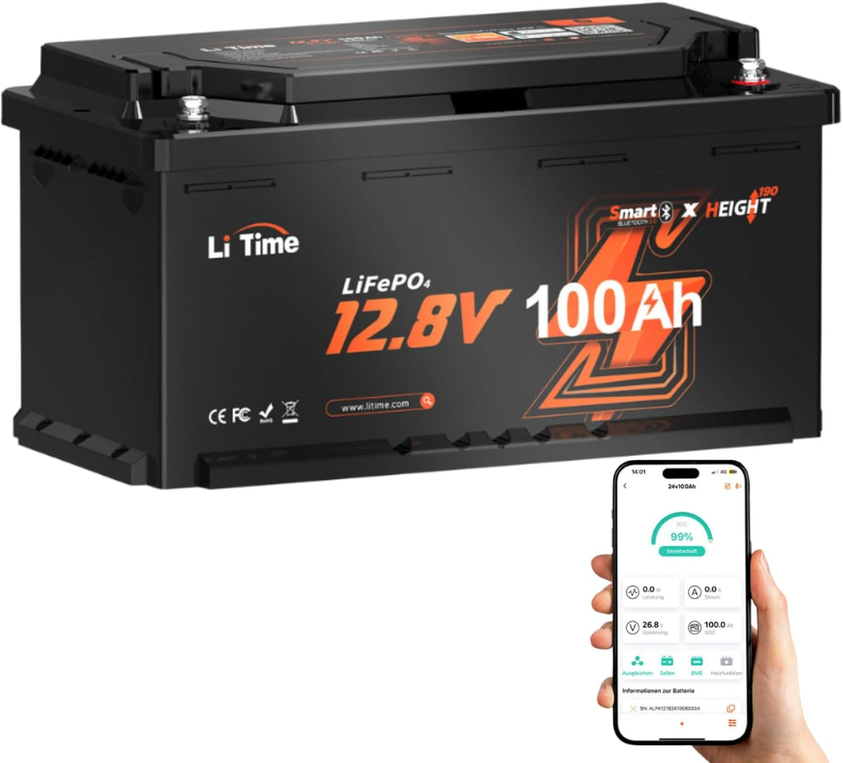 Litime Deep-Cycle-Batterien, 1280 Wh, 100AH, 12 V, Schwarz, LiFePO4 Bluetooth Lithium Batterie für Wohnmobil DIN H8 L5