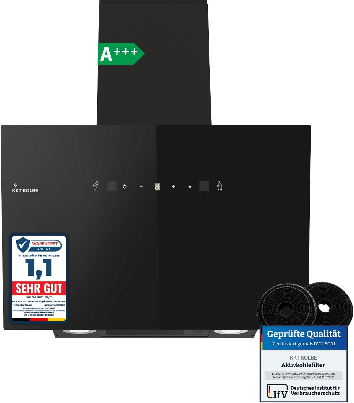 KKT KOLBE Dunstabzugshaube, 60 cm, Schwarz, Umluft Abluft, 782cbm/h, Wandhauben Kopffrei, Glas, Gestensteuerung
