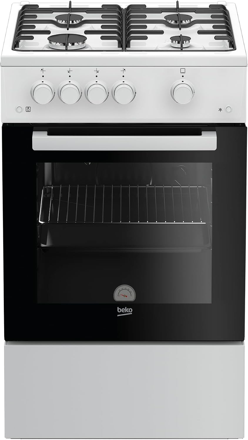 Beko Gasherd, 50 cm, Weiß/Schwarz, FSG52010FW freistehend, Gasbackofen mit Gaskochfeld, 4 Kochzonen, herausnehmbares Innenglas