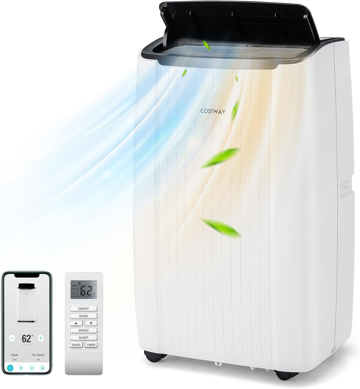COSTWAY Klimaanlage, Weiß/Schwarz, 12000BTU mobile mit Abluftschlauch, 4-in-1 Klimagerät mit Heizung, Lüfter & Entfeuchter