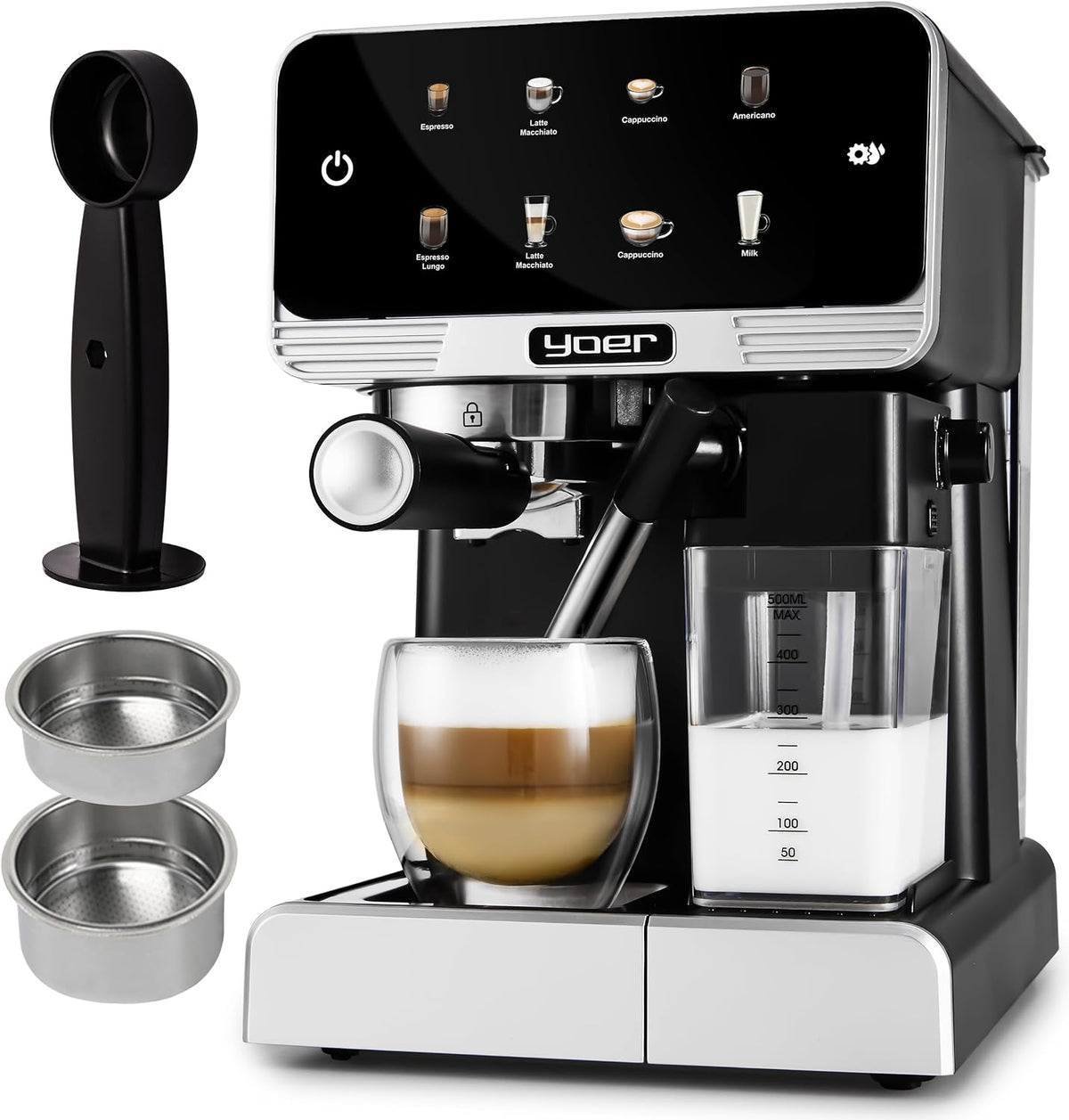 YOER Kaffeevollautomat, 20 bar, 1350 W, schwarz/silber, mit automatischer Milchaufschäumer, 6 Kaffeespezialitäten