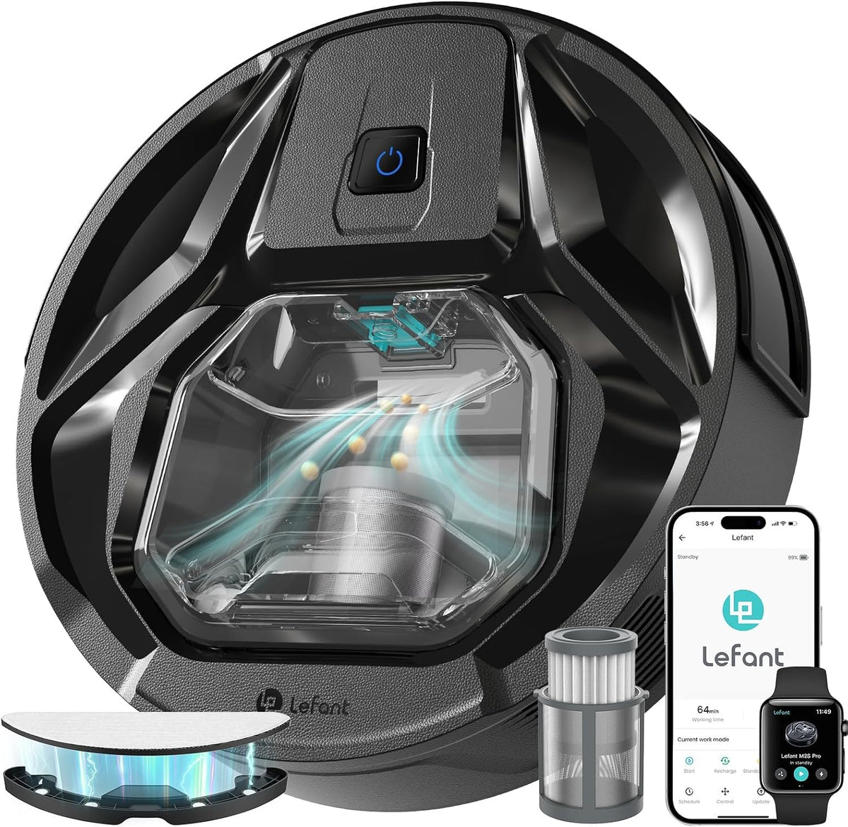 LEFANT Saugroboter, schwarz/silber, M320, mit Wischfunktion, Staubsauger Roboter mit 6000 Pa Saugkraft, Präzise Hindernisvermeidung