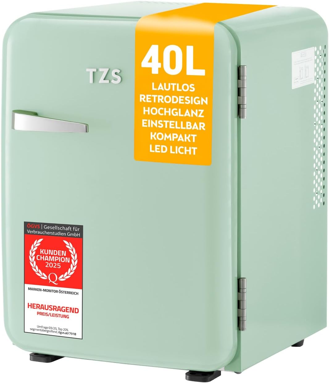 TZS First Austria Mini-Kühlschrank, 40 L, Mintgrün, Retro Mini Kühlschrank lautlos - Kleiner Minikühlschrank im