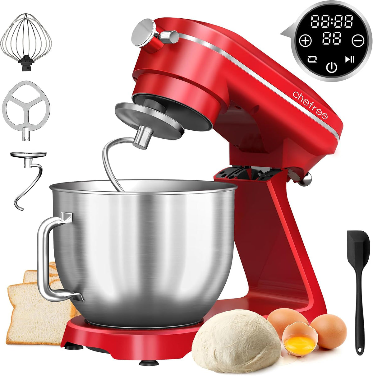 CHEFREE Knet- & Rührmaschinen, 1800 W, 7 L, Rot, Knetmaschine Profi Küchenmaschine, Schüssel mit 3 Rührwerkzeuge