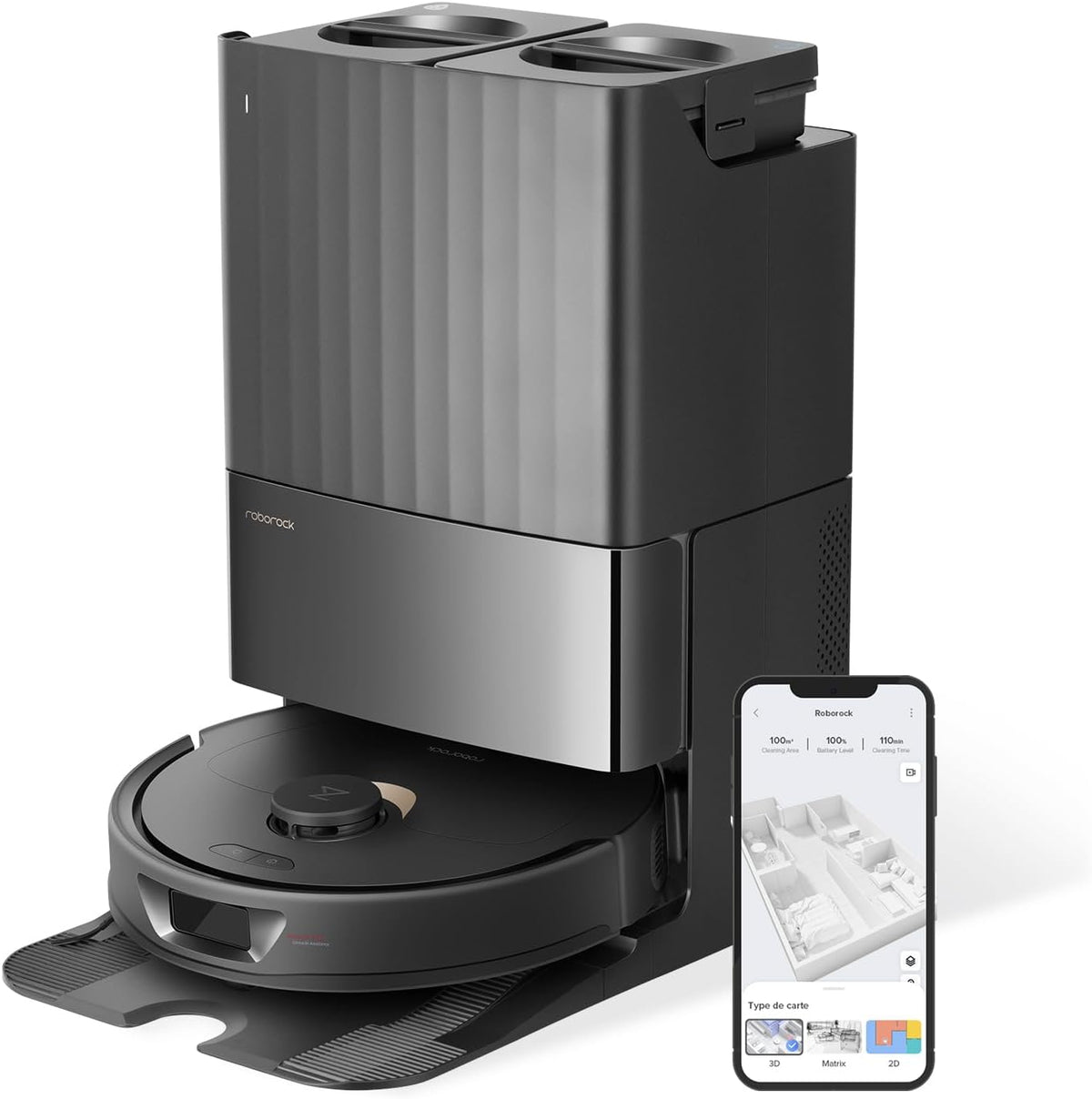 roborock Saugroboter, Schwarz, Qrevo mit Wischfunktion Absaugstation 5500 Pa Saugkraft, 3D-Kartierung, Entleerung