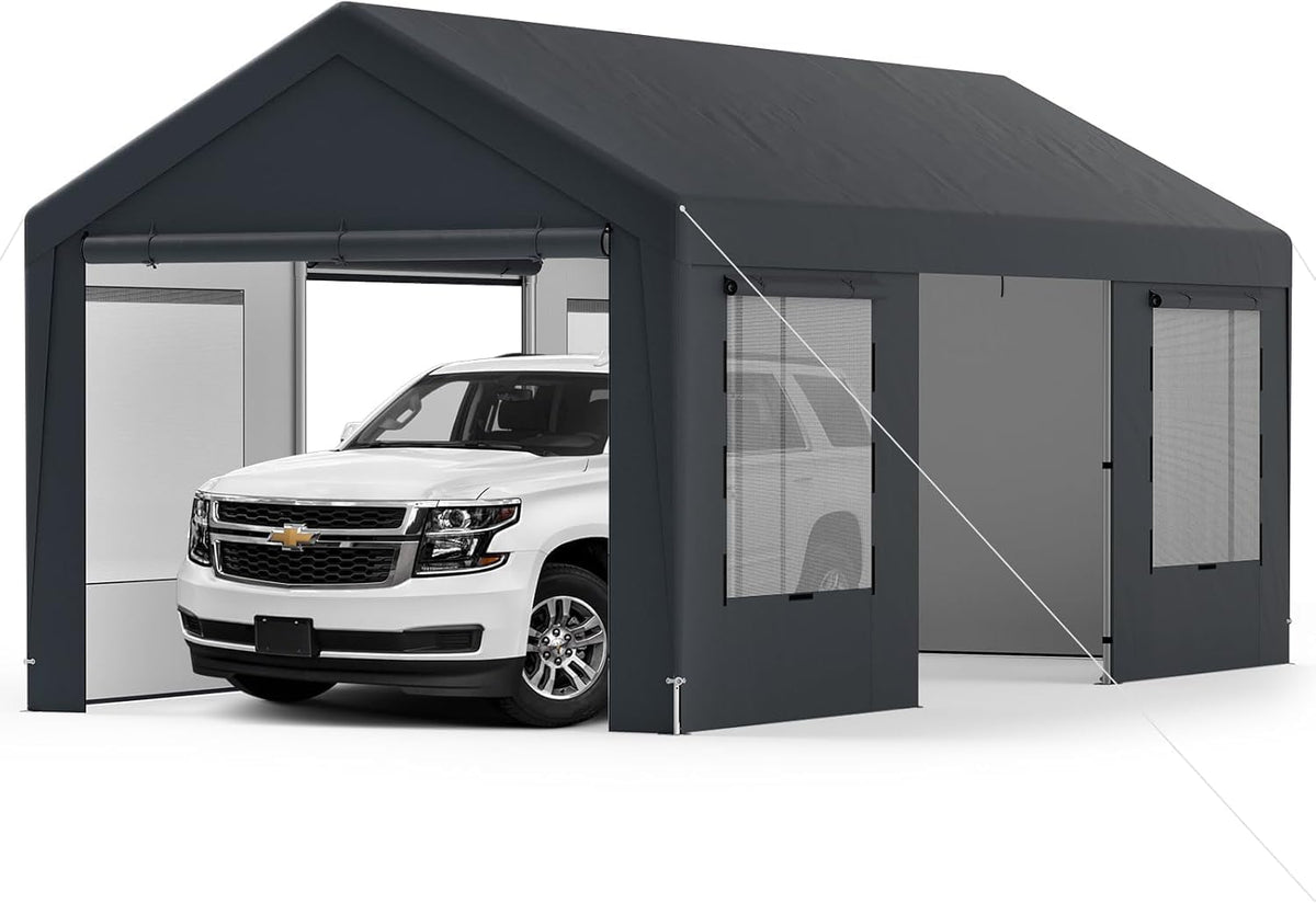 GYMAX Garten,Gartenhäuser & Aufbewahrung,Carports, 3 m, PE, Galvanisiertes Metall, Grau