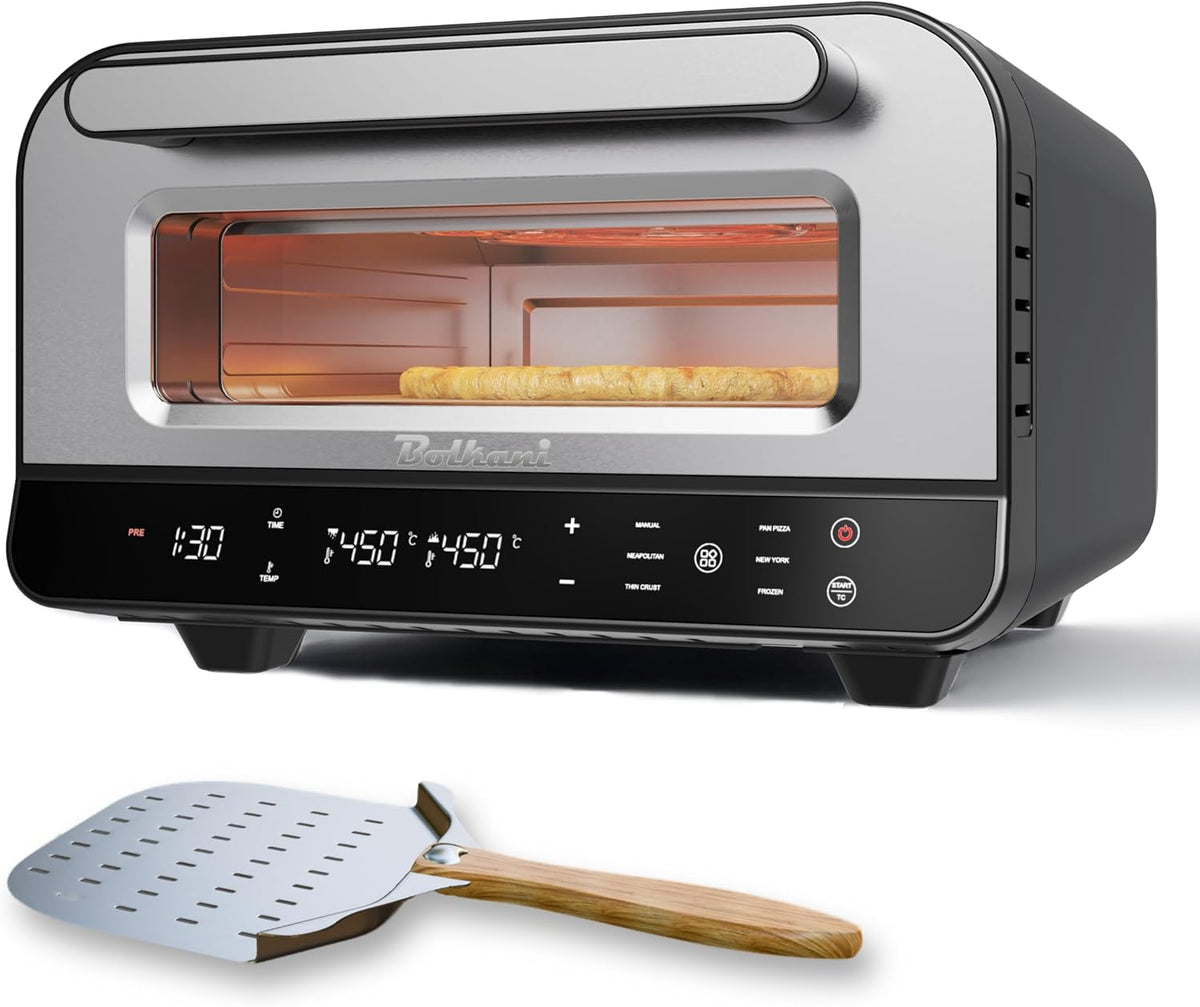 Bolkani Pizzaofen, Schwarz/Silber, Elektrisch Mit Pizzastein Für Backofen & Pizzaschieber -, Innenbeleuchtung & Sichtfenster - Profi Steinofen