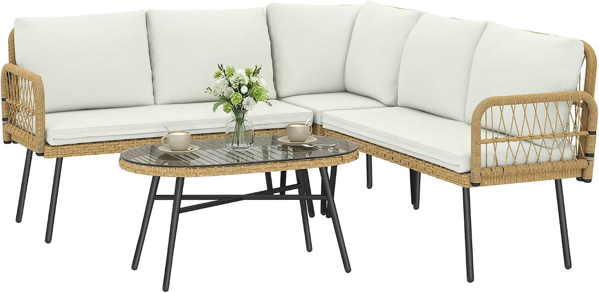 Sofa Outsunny, Natur/Creme, 4-teiliges Gartenmöbel-Set aus Rattan, L-förmige Gartenlounge mit 2 Zweisitzern, Couchtisch