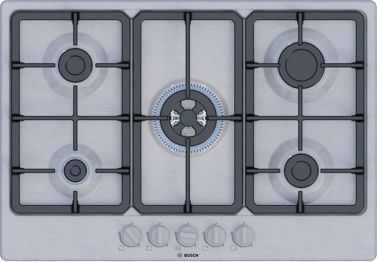 Bosch Gasherd, 3,3 kW, 75 cm, Silber/Schwarz, PGQ7B5K90 Serie 4, WOK-Brenner: Leistung bis, Grillroste aus Gusseisen