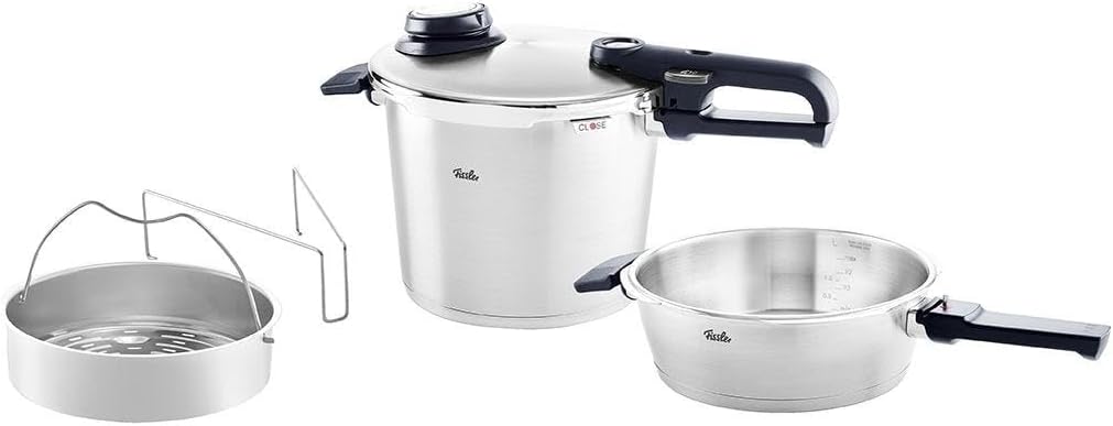 Fissler Kochfeld, 22 cm, 2,5l, 6l, Silber/Schwarz, Vitavit Premium/Schnellkochtopf-Set, 4-teilig ( - Ø & Schnellbratpfanne - Ø ) inkl. Metall-Deckel