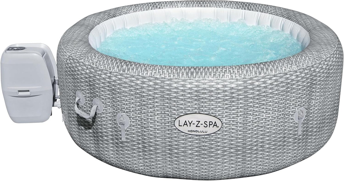 Bestway Aufblasbare Pools, 196 x 71 cm, Grau, ® Lay-Z-SPA® Honolulu AirJet™ Whirlpool, 4-6 Personen, rund, e Rattan-Optik